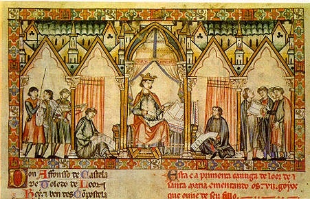 Miniatura de cronística medieval sobre la Escuela de Traductores de Toledo